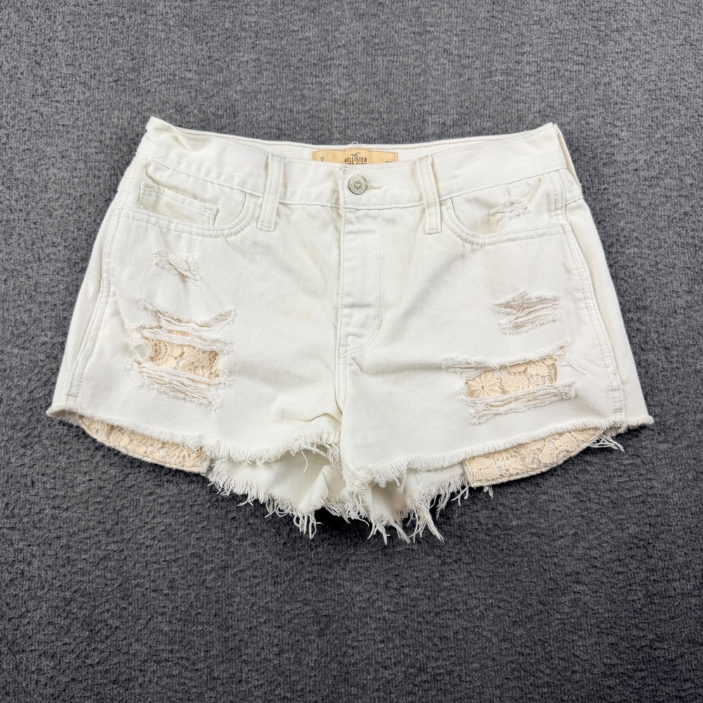 VTG Hollister White Women's W28 High Rise Distressed Lace Inset Denim Shorts